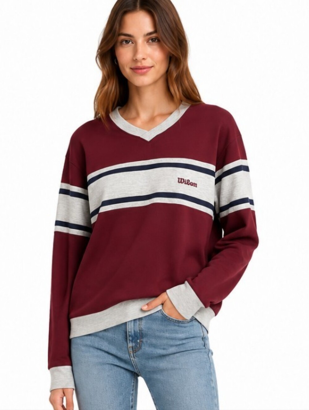 Vintage 90's Wilson Varsity Striped Crewneck Sweatshirt In Burgundy/Gray